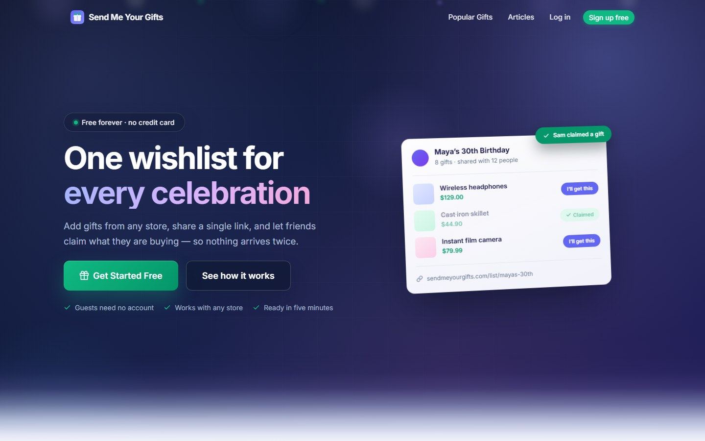 Send Me Your Gifts website screenshot